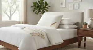 A comfortable natural latex pillow styled on a clean, modern bed setup in a master bedroom.