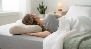 A side sleeper resting comfortably on a firm best buckwheat pillow for proper spinal alignment.