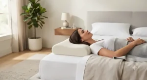 A firm natural latex pillow providing optimal head and neck support for back sleepers in a modern bedroom.