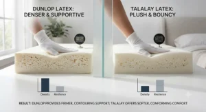 Chart comparing the denser feel of Dunlop latex against the plush, bouncy feel of Talalay latex.