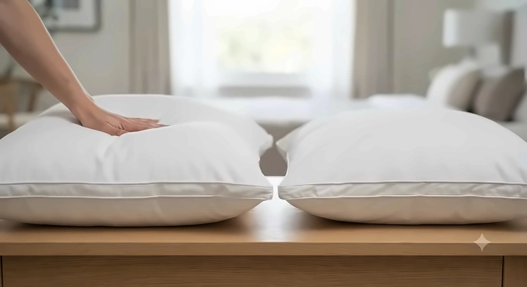 A side-by-side comparison showing a fluffy goose down pillow next to a duck down pillow to highlight differences in loft and texture. goose down vs duck down pillow