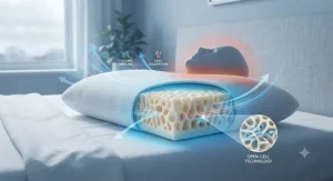 Illustration showing airflow and temperature regulation in an open-cell latex pillow for hot sleepers.