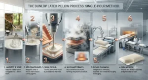 Infographic illustrating the single-pour manufacturing process for Dunlop latex pillows.