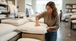 A person testing the firmness and support of a duck down pillow while shopping for bedroom bedding.
