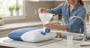 Demonstration of filling a water pillow for neck pain relief using a funnel from a tap.