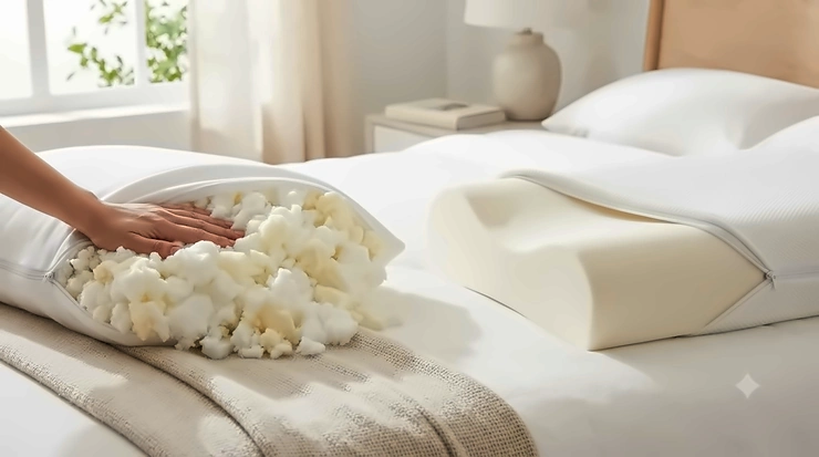 A comparison of a shredded memory foam pillow and a solid foam pillow side by side.
