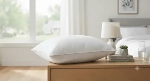 Hypoallergenic down alternative pillow on a modern bedroom nightstand setup.