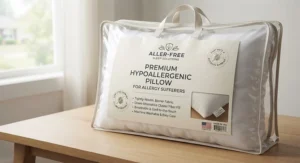 Premium packaging for a new hypoallergenic pillow for allergies.