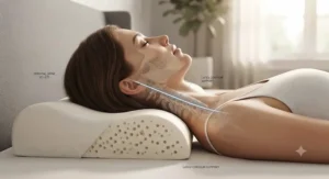 Cross-section illustration showing proper cervical spine alignment on a contour latex pillow.
