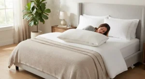 A luxurious natural latex pillow arranged with crisp white hotel-style bedding for a restful and comfortable sleep.