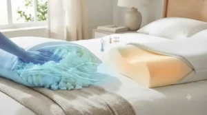 Heat map graphic showing better cooling properties in a shredded foam pillow.