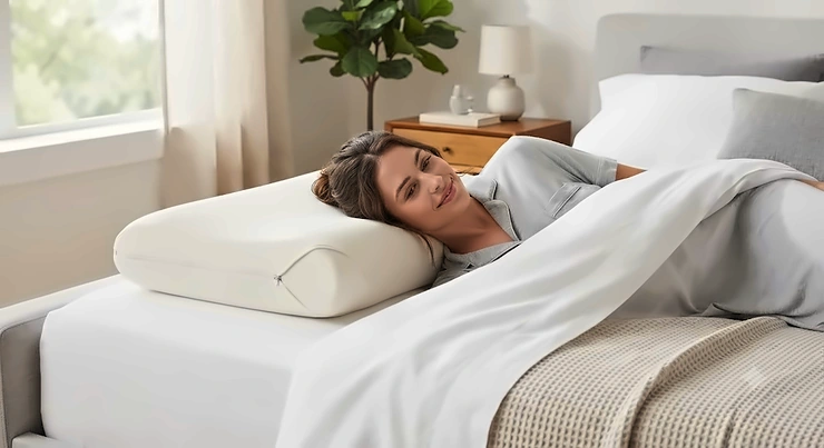 A supportive natural latex pillow on a neatly made bed, optimized for side sleepers needing proper neck alignment.