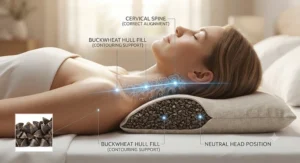Diagram and side profile showing correct cervical spine alignment and neck support provided by a buckwheat hull pillow.