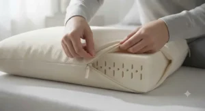 A soft organic cotton cover being zipped onto an eco-friendly organic latex pillow.