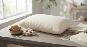 Sustainable materials including raw natural latex and organic cotton arranged around an organic latex pillow.