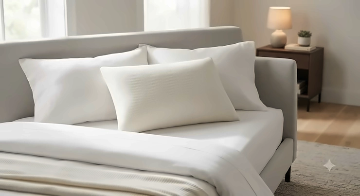 An organic latex pillow displayed neatly on a modern, made bed with crisp white sheets.