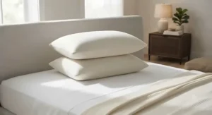 Two plush organic latex pillows stacked elegantly on a neutral-toned master bedroom setup.