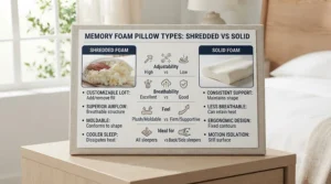 Comparison chart listing pros and cons of shredded vs solid memory foam pillows.