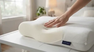 Hand pressing down on a memory foam pillow showing its slow-rebound quality.