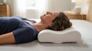 Illustration demonstrating correct spinal alignment using a cervical pillow for neck pain.