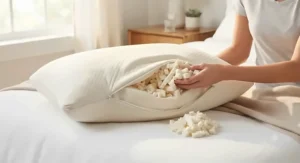 An adjustable loft shredded natural latex pillow showing its customizable filling and breathable organic cotton cover.