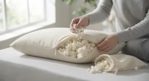 A person adjusting the fill of a shredded organic latex pillow by adding or removing material.