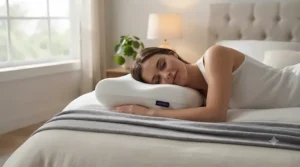 Person sleeping on their side using a contour memory foam pillow.