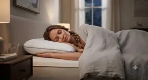 A side sleeper comfortably resting their head on an ergonomic water pillow for neck pain support.