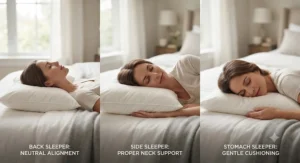 An illustration of a person sleeping comfortably on a goose down pillow, showing support for different sleeping positions.