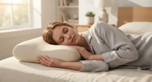 Side sleeper resting comfortably on a supportive buckwheat pillow in a brightly lit modern bedroom.