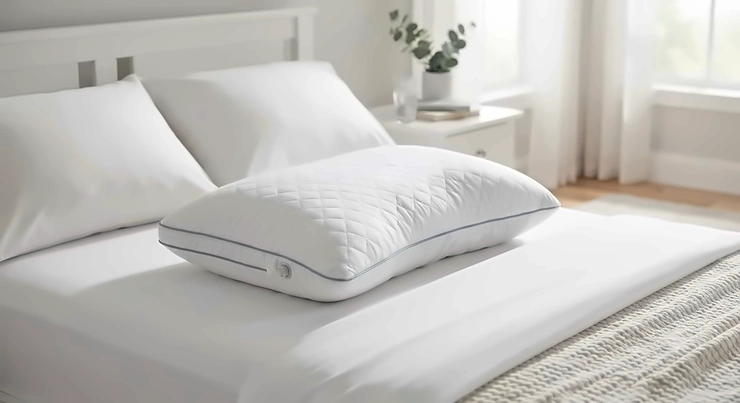 A supportive water pillow for neck pain featuring adjustable firmness on a clean white bed.