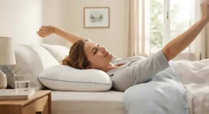 A woman waking up refreshed and pain-free after sleeping on a supportive water pillow for neck pain.