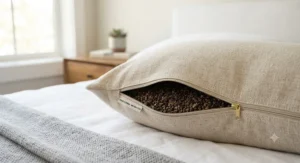 A high-quality zippered cover on a best buckwheat pillow for easy cleaning and maintenance.