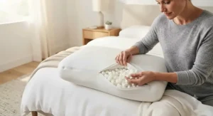 Person adjusting the shredded memory foam fill of an adjustable loft pillow for neck pain and headaches.