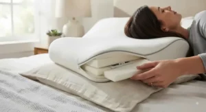 Close-up view of an adjustable loft pillow providing customized neck support for back sleepers.