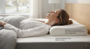 Diagram demonstrating how a thin pillow helps a back sleeper maintain natural neck and spinal alignment.