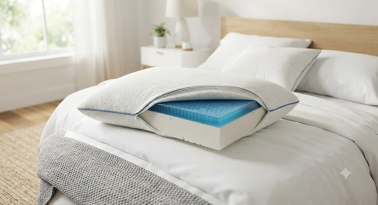 A cooling bamboo pillow with a breathable gel layer resting on a modern white bed setup for hot sleepers. bamboo pillow for hot sleepers