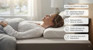 Illustration explaining the health and comfort benefits of choosing a thin pillow specifically for back sleepers.