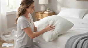 Fluffing a newly expanded best bamboo pillow to show its full loft and thickness