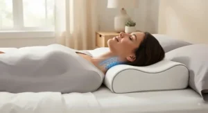 A contour cervical pillow helping a back sleeper maintain proper spinal alignment for neck pain relief.