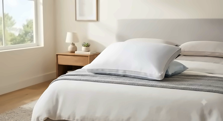 A premium cooling pillow for hot sleepers resting on a freshly made bed in a modern bedroom.