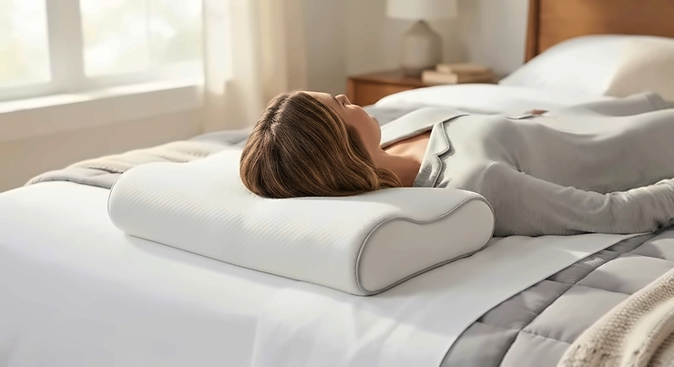 An orthopedic pillow for back sleepers designed to support proper spinal alignment in bed.
