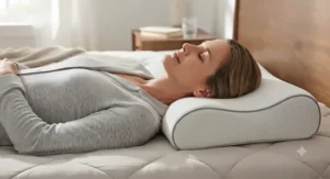 A side sleeper resting comfortably on a contoured memory foam pillow for chronic neck pain relief.