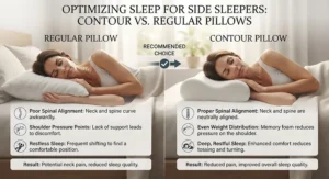 Infographic explaining why contour pillows are often recommended over regular pillows for side sleepers to improve sleep quality.