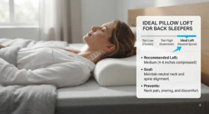 Graphic showing the ideal pillow loft height recommended for back sleepers to prevent discomfort.
