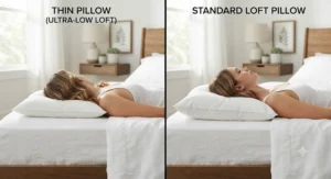 Comparison showing a thin pillow versus a standard loft pillow for stomach sleepers.