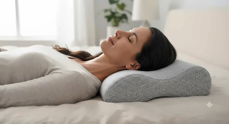 Cervical contour pillow with a central cradle cradling the head and neck to relieve tension headaches.