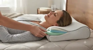Adjustable cervical memory foam pillow showing neck support features for chronic pain sufferers.