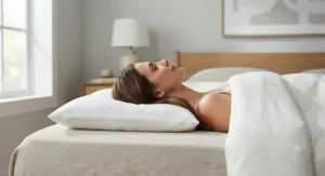Side view of a flat pillow for stomach sleepers reducing neck strain and tension