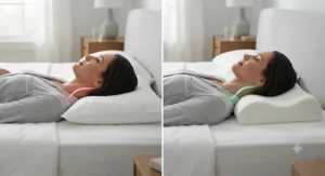 Side-by-side comparison showing spinal misalignment on a flat standard pillow versus proper support from a pillow for neck pain and headaches.